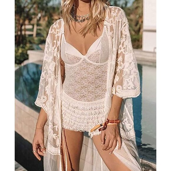 White Crochet Knitted Lace Open Front Kimono Cardigan Bikini Swimsuit Coverup - Picture 2 of 5